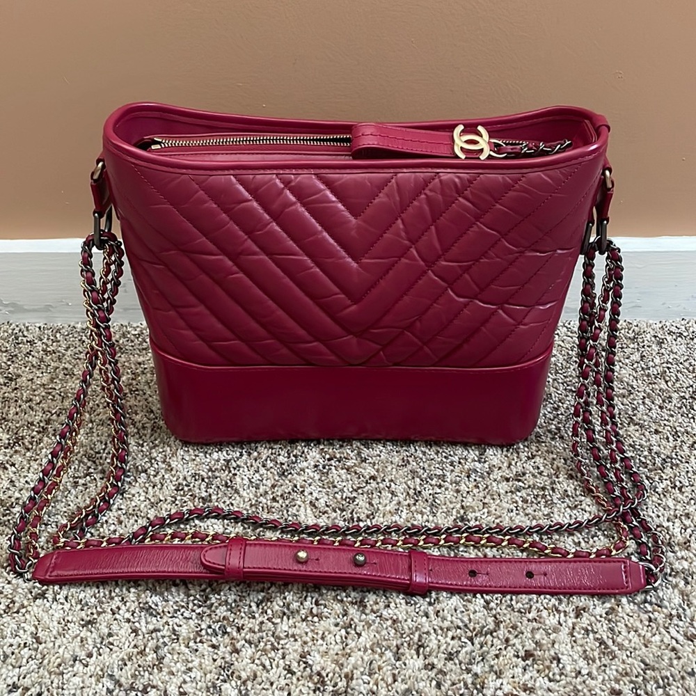Chanel Gabrielle hobo chevron aged calfskin medium fuschia pink/ dark red